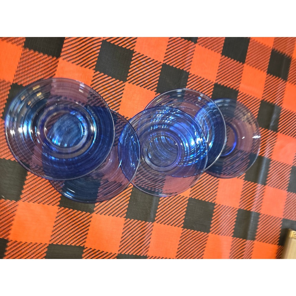 Vintage Cobalt Blue Glass Saucers Set of 6 Ribbed Concentric Circle Plates